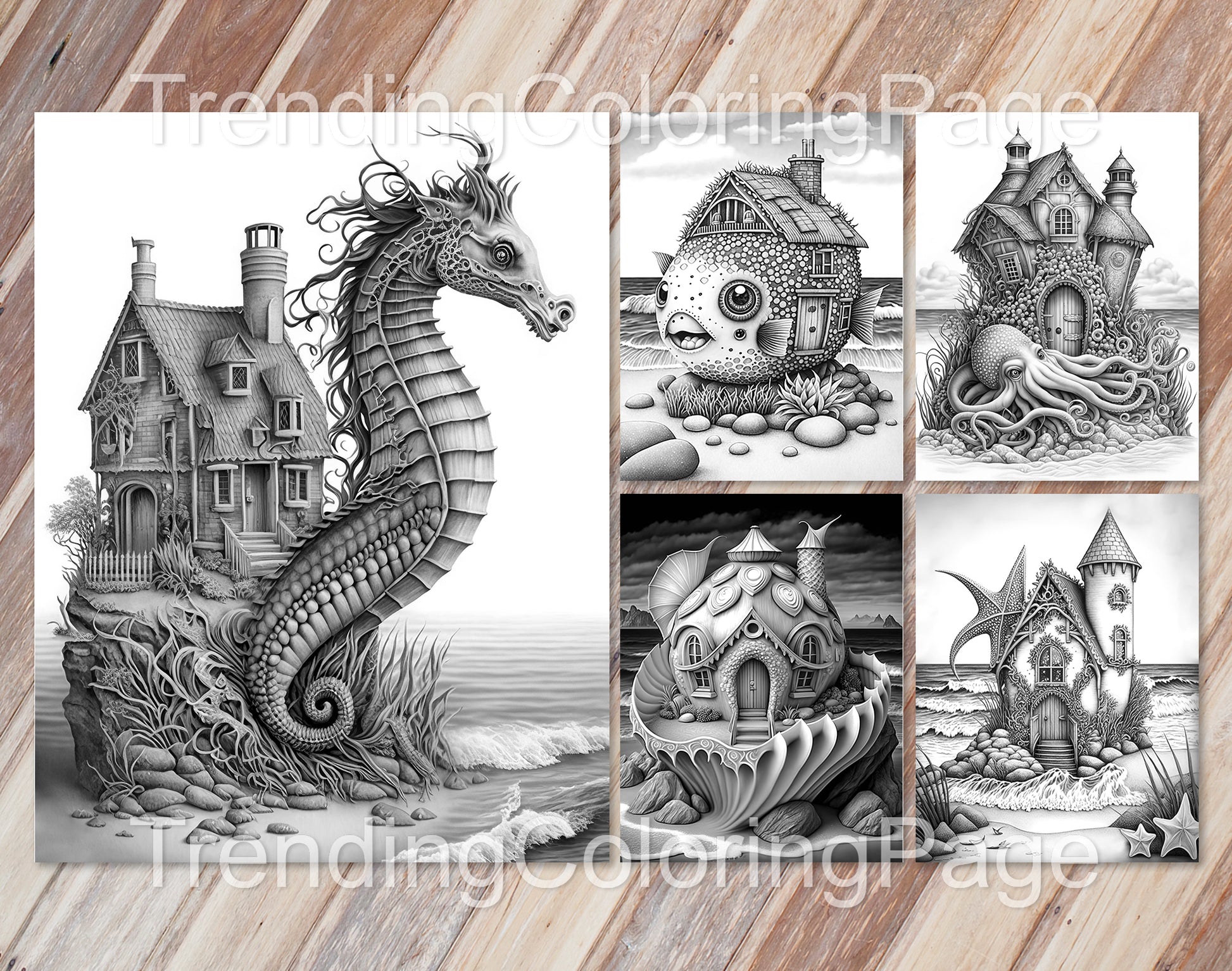 25 Fantasy Ocean Houses Grayscale Coloring Pages - Instant Download - Printable PDF Dark/Light – preview 4