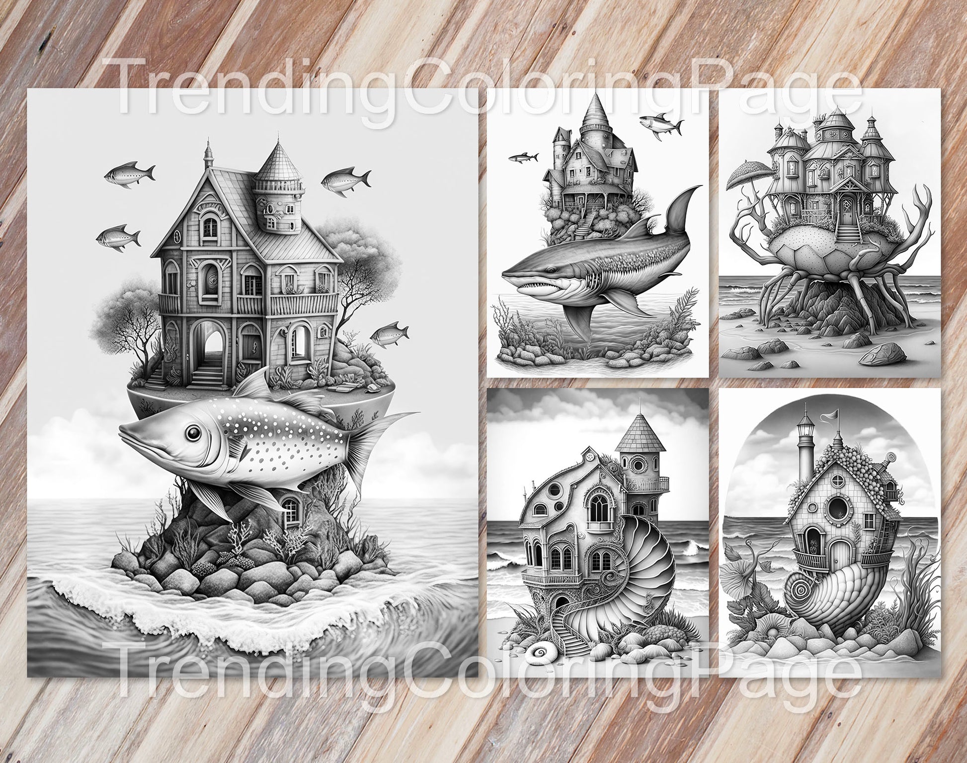 25 Fantasy Ocean Houses Grayscale Coloring Pages - Instant Download - Printable PDF Dark/Light – preview 5
