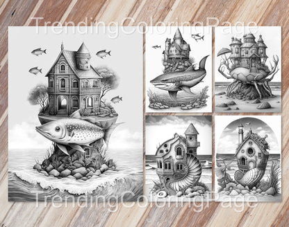 25 Fantasy Ocean Houses Grayscale Coloring Pages - Instant Download - Printable PDF Dark/Light – preview 5