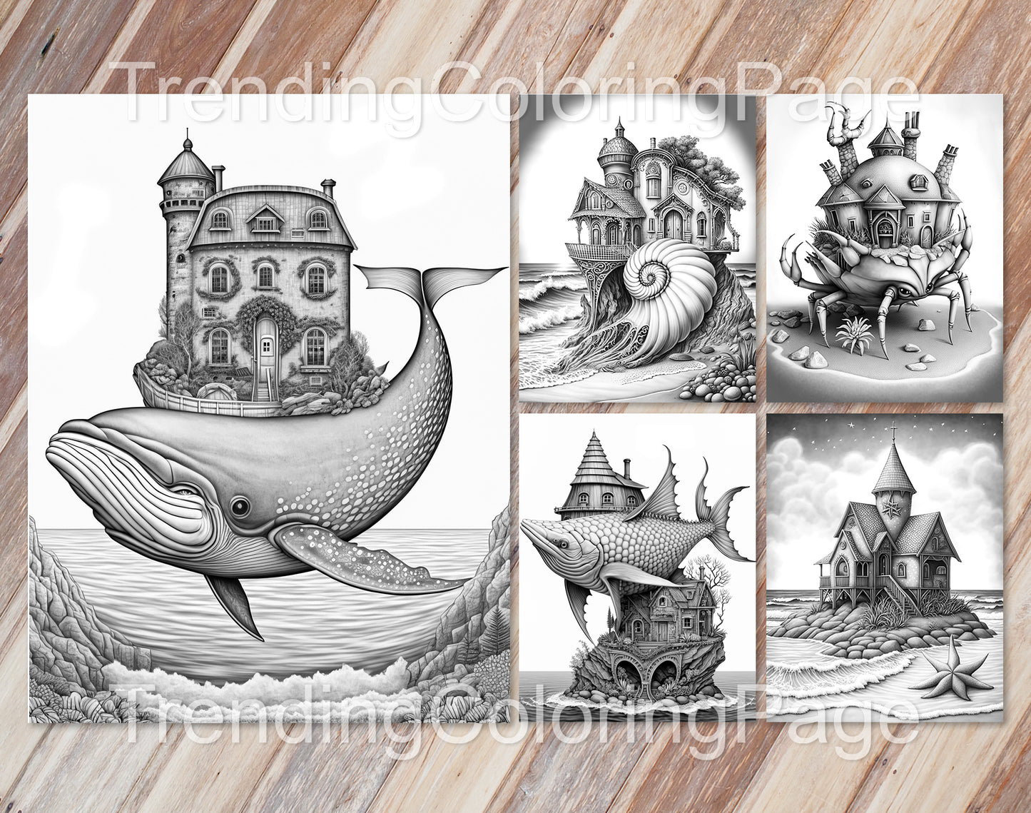 25 Fantasy Ocean Houses Grayscale Coloring Pages - Instant Download - Printable PDF Dark/Light – preview 6