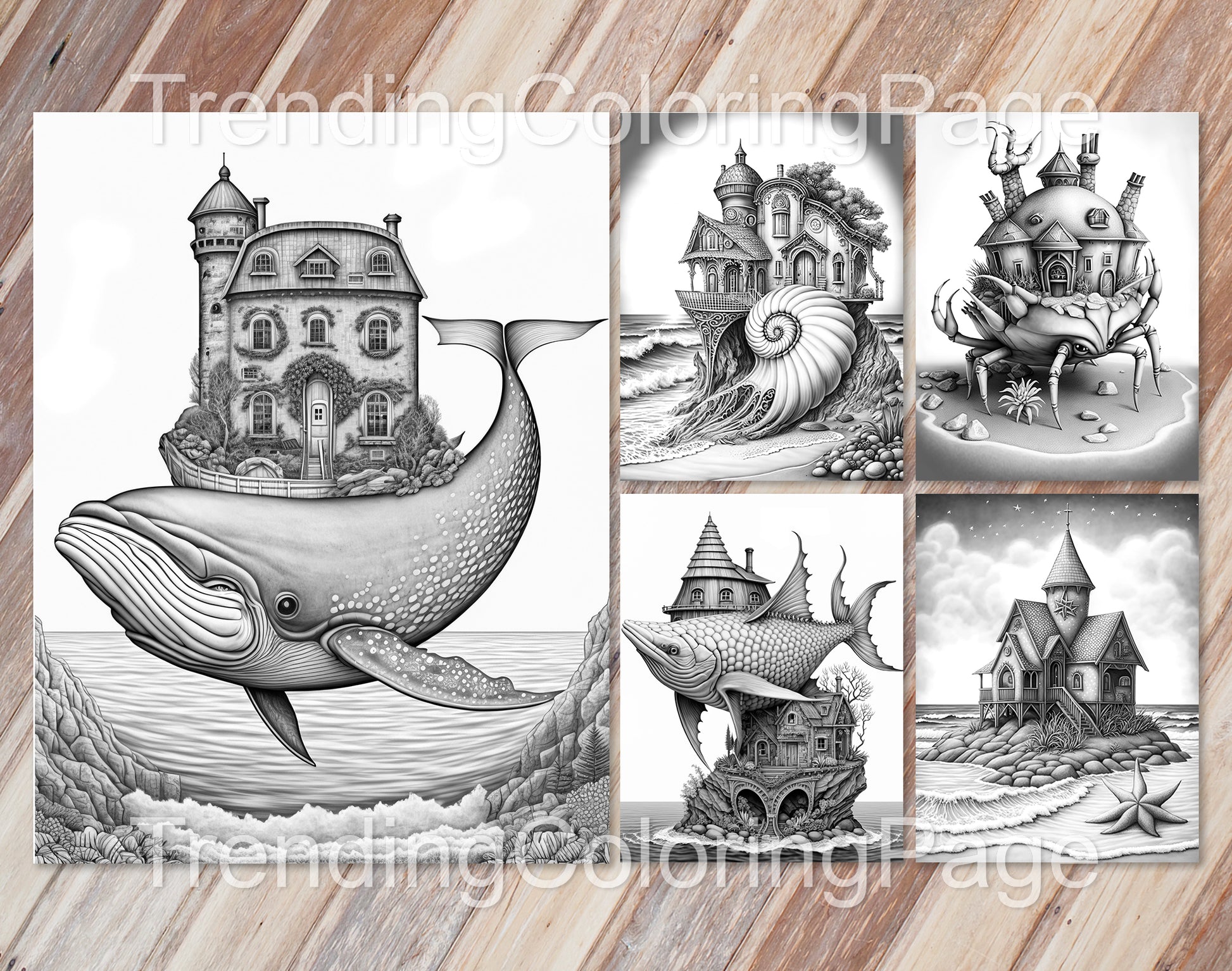 25 Fantasy Ocean Houses Grayscale Coloring Pages - Instant Download - Printable PDF Dark/Light – preview 6