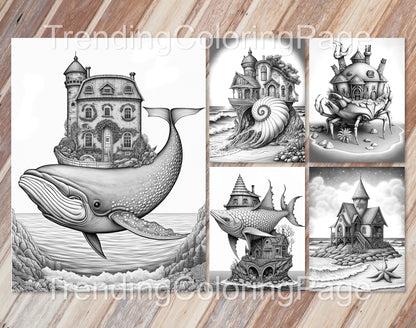 25 Fantasy Ocean Houses Grayscale Coloring Pages - Instant Download - Printable PDF Dark/Light – preview 6