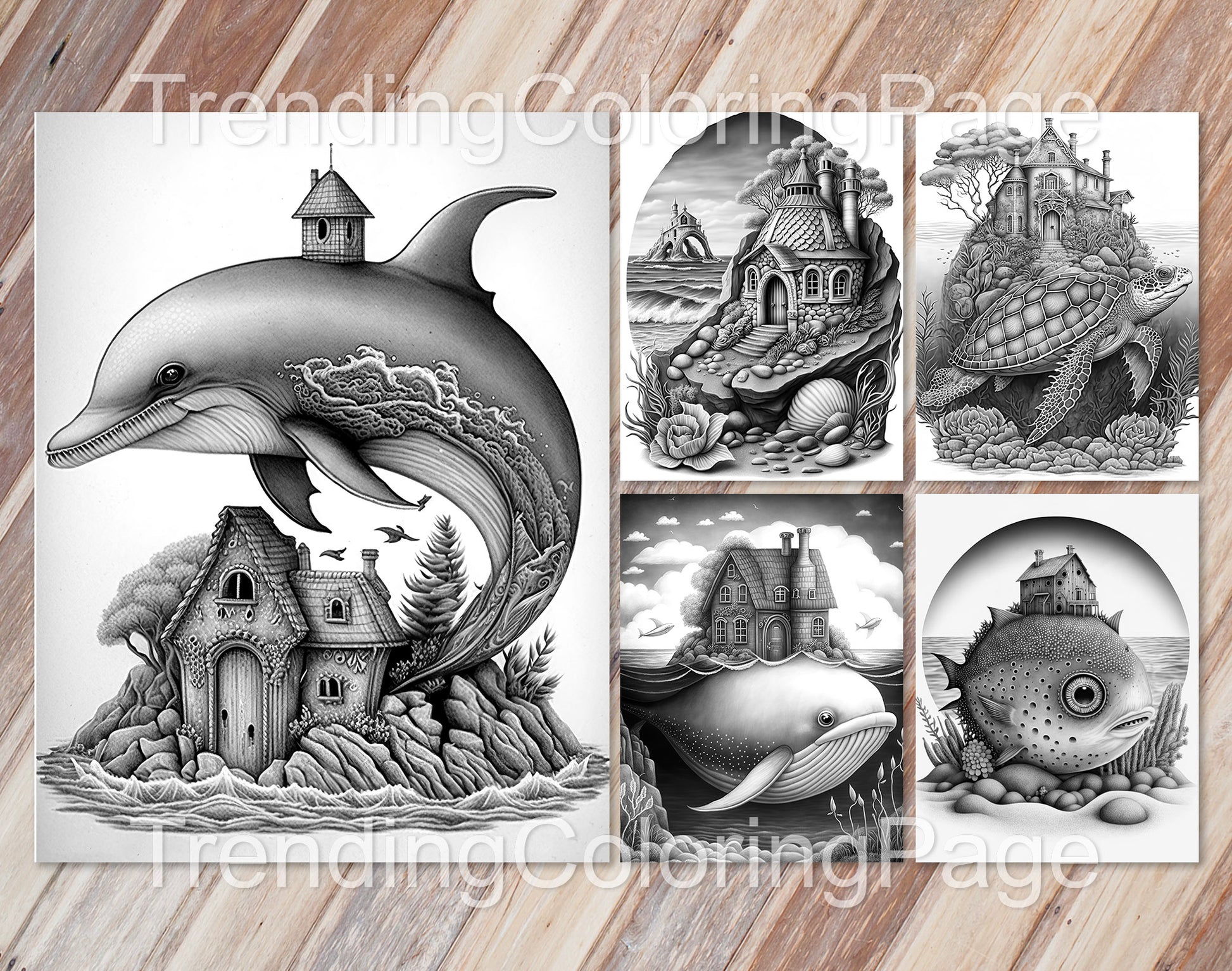 25 Fantasy Ocean Houses Grayscale Coloring Pages - Instant Download - Printable PDF Dark/Light – preview 7