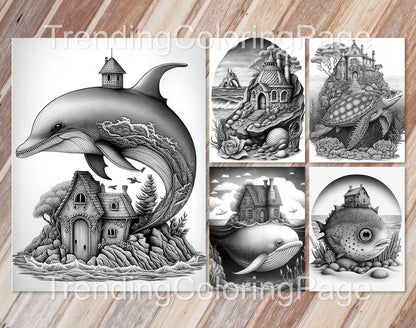 25 Fantasy Ocean Houses Grayscale Coloring Pages - Instant Download - Printable PDF Dark/Light – preview 7