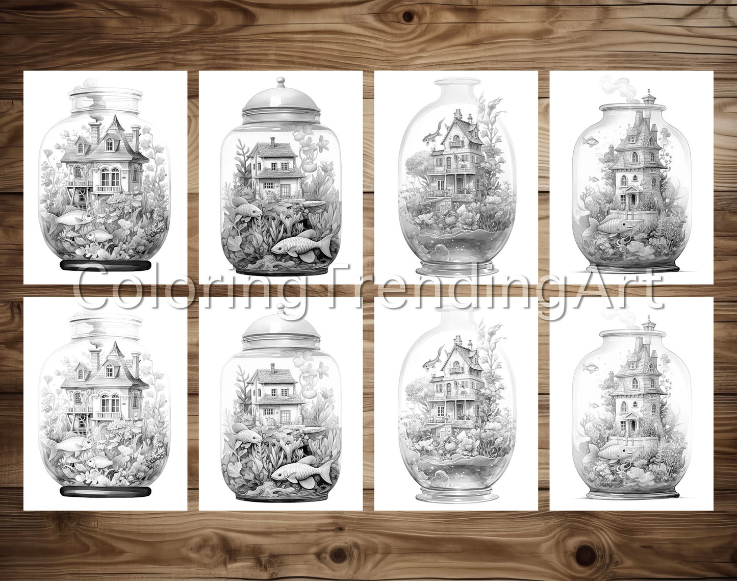 25 Fish House In Jar Grayscale Coloring Pages - Instant Download - Printable PDF Dark/Light – preview 3