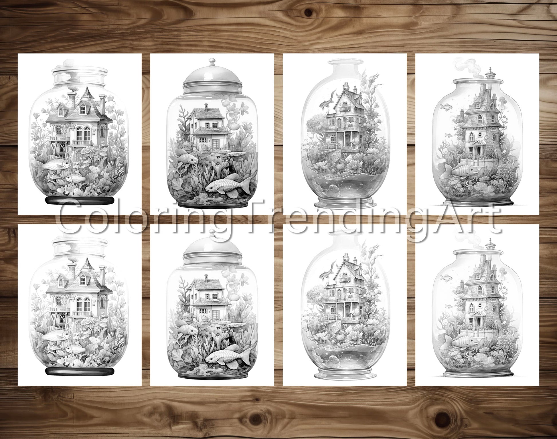 25 Fish House In Jar Grayscale Coloring Pages - Instant Download - Printable PDF Dark/Light – preview 3