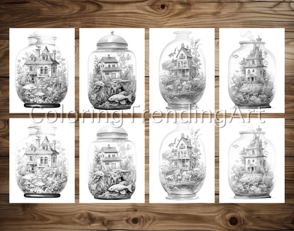 25 Fish House In Jar Grayscale Coloring Pages - Instant Download - Printable PDF Dark/Light – preview 3