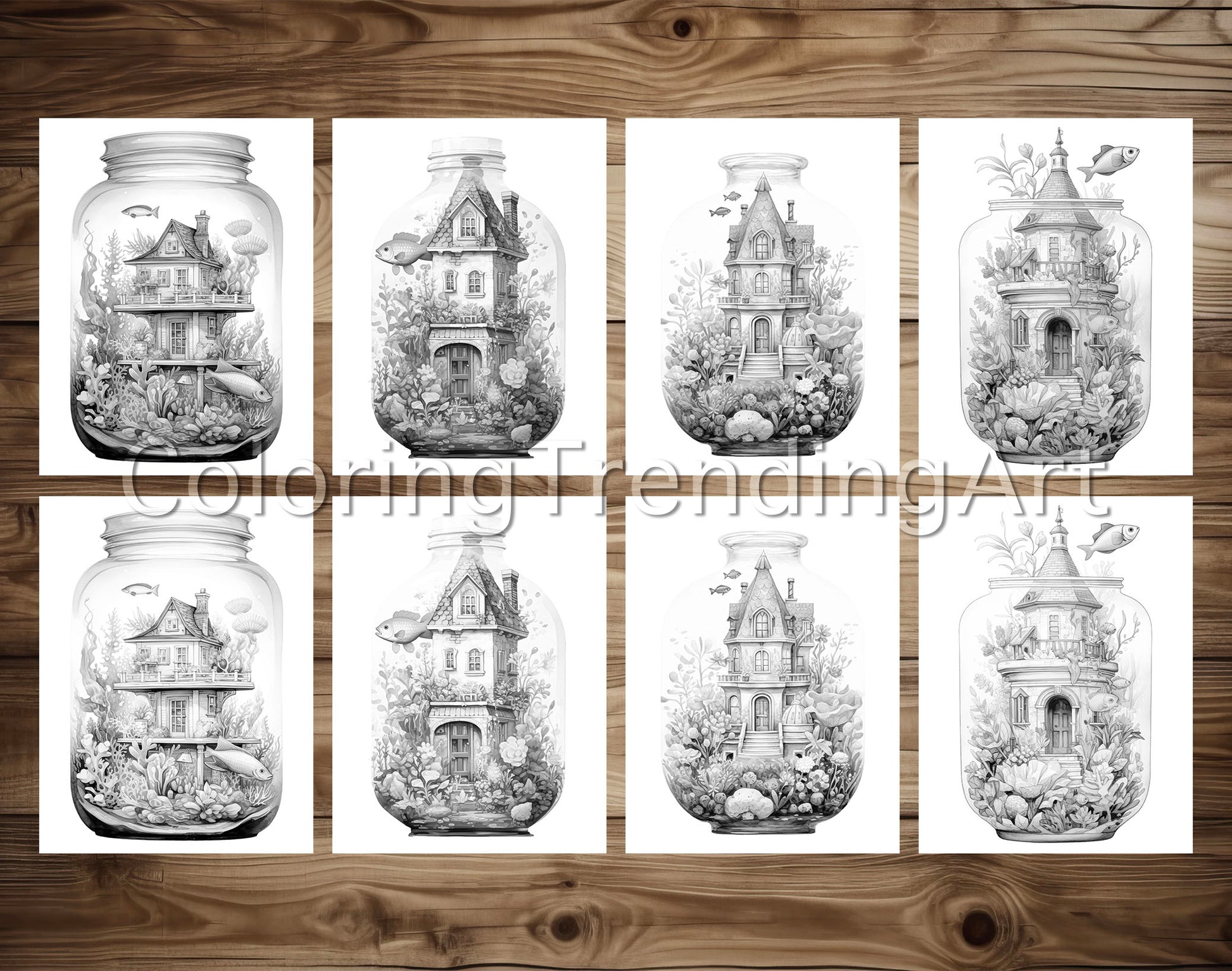 25 Fish House In Jar Grayscale Coloring Pages - Instant Download - Printable PDF Dark/Light – preview 4