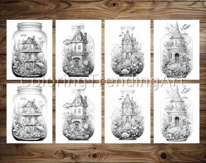 25 Fish House In Jar Grayscale Coloring Pages - Instant Download - Printable PDF Dark/Light – preview 4