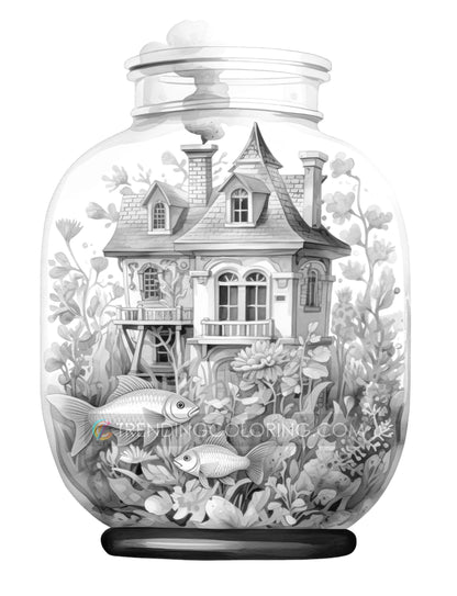 25 Fish House In Jar Grayscale Coloring Pages - Instant Download - Printable PDF Dark/Light – preview 6