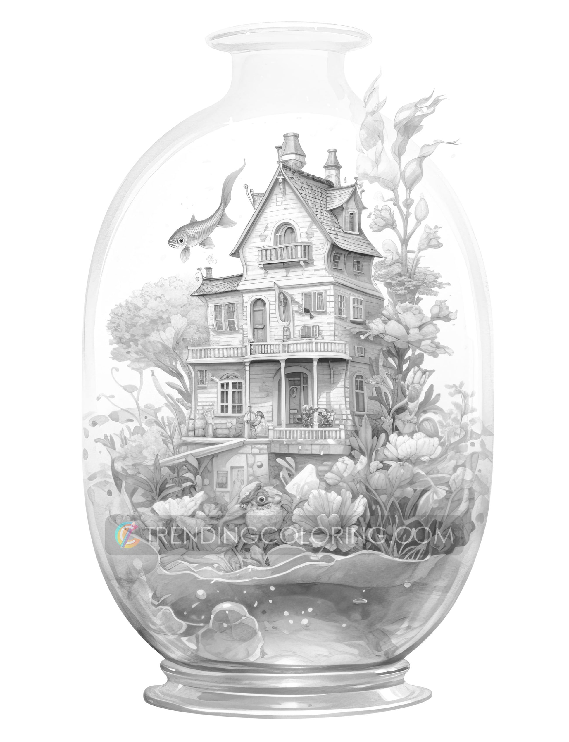 25 Fish House In Jar Grayscale Coloring Pages - Instant Download - Printable PDF Dark/Light – preview 8