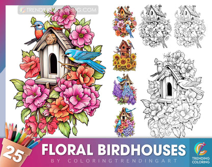 25 Floral Birdhouses Grayscale Coloring Pages - Instant Download - Printable PDF Dark/Light