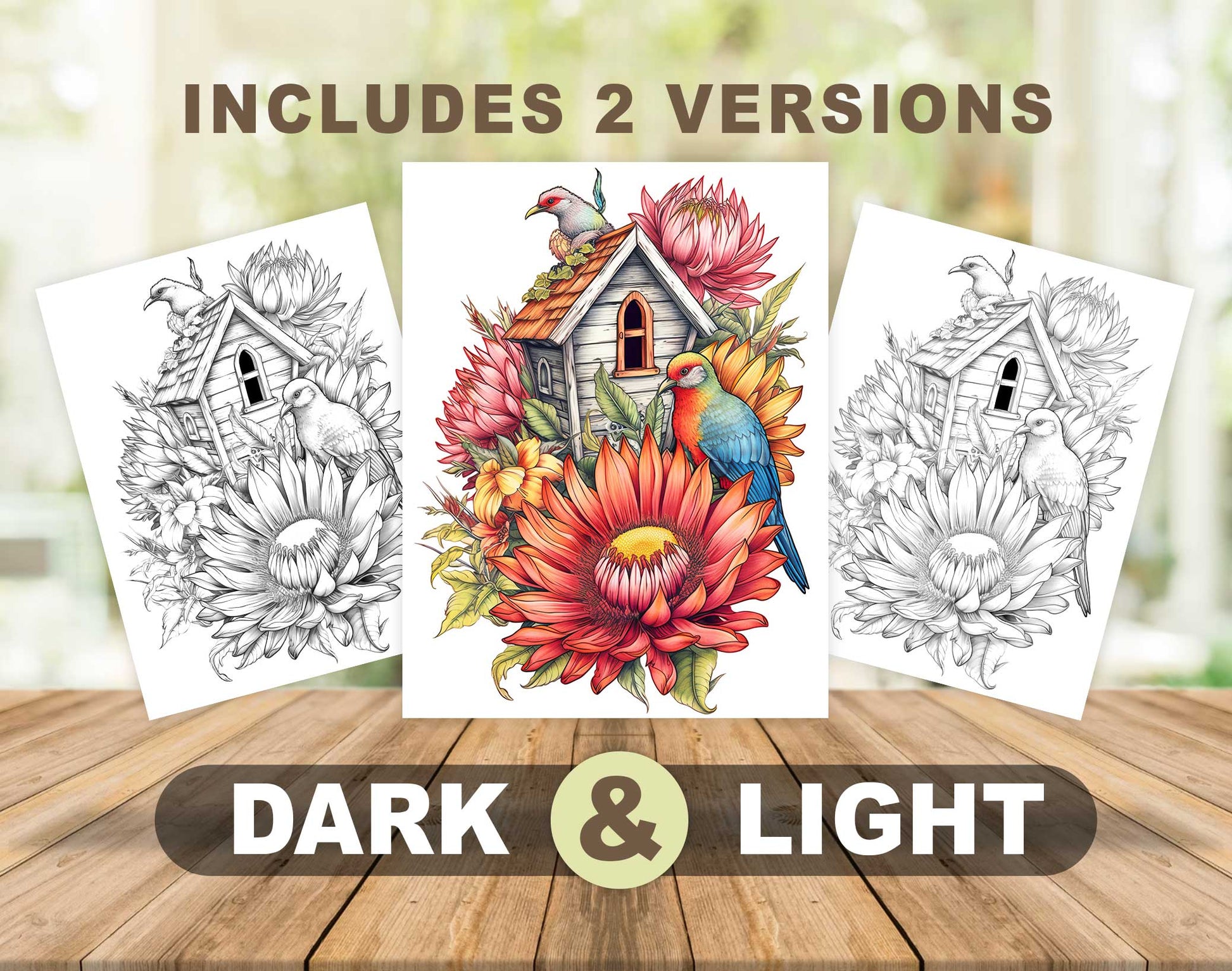 25 Floral Birdhouses Grayscale Coloring Pages - Instant Download - Printable PDF Dark/Light – preview 4