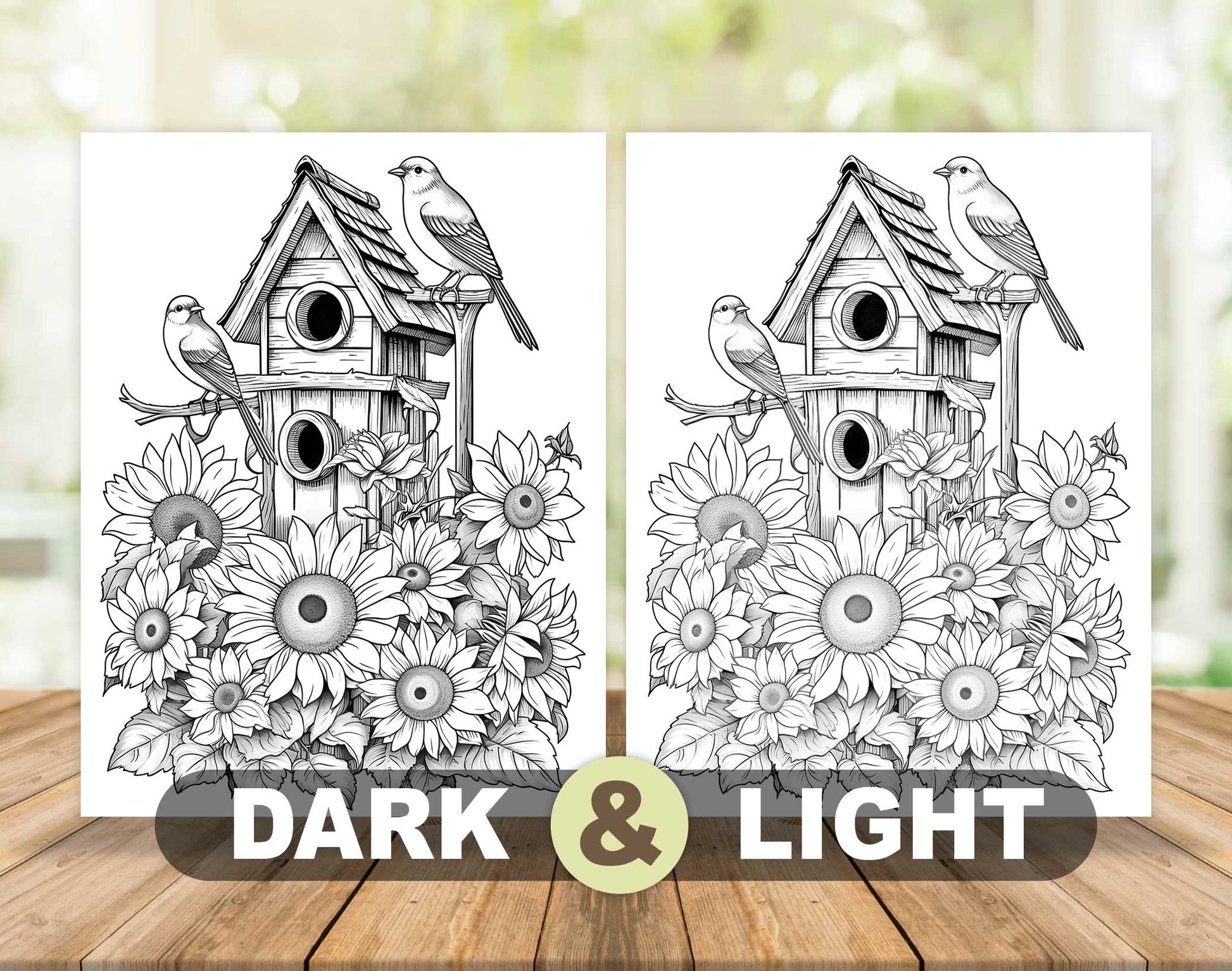 25 Floral Birdhouses Grayscale Coloring Pages - Instant Download - Printable PDF Dark/Light – preview 5