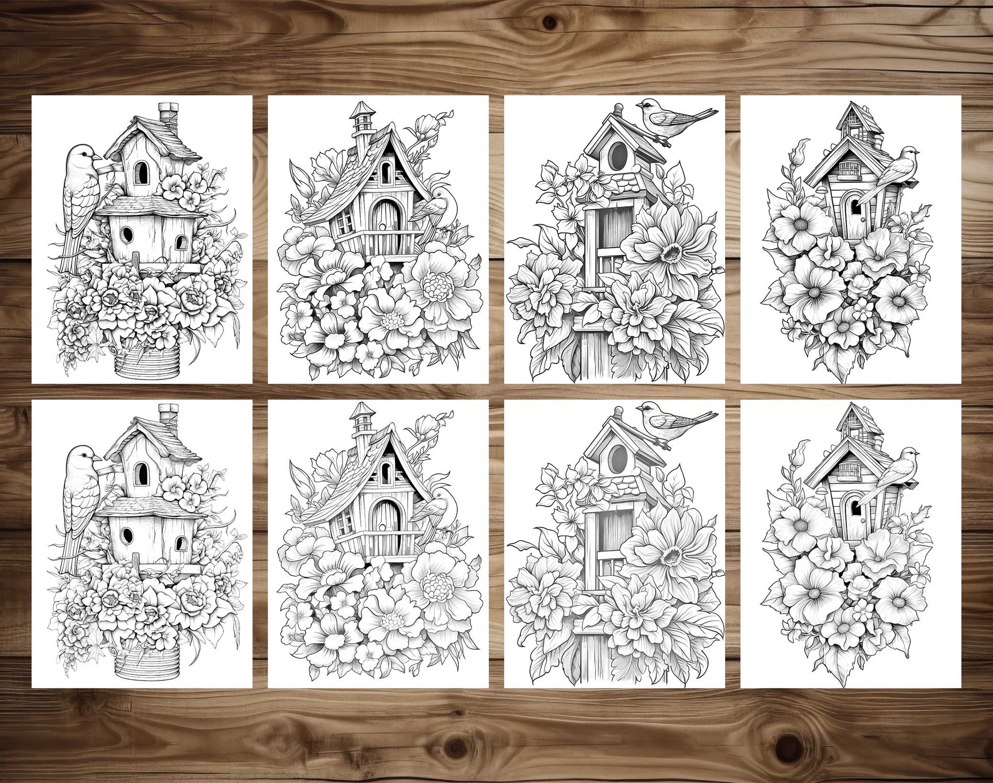 25 Floral Birdhouses Grayscale Coloring Pages - Instant Download - Printable PDF Dark/Light – preview 6