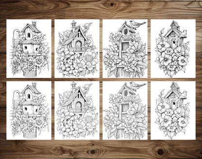 25 Floral Birdhouses Grayscale Coloring Pages - Instant Download - Printable PDF Dark/Light – preview 6