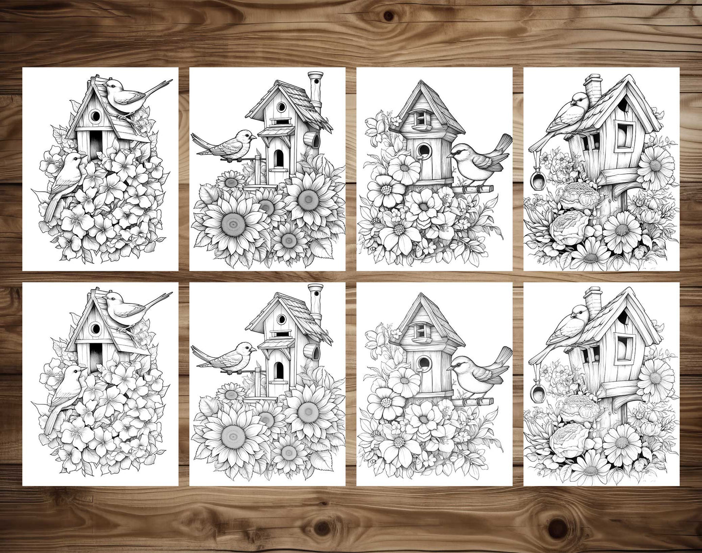 25 Floral Birdhouses Grayscale Coloring Pages - Instant Download - Printable PDF Dark/Light – preview 7