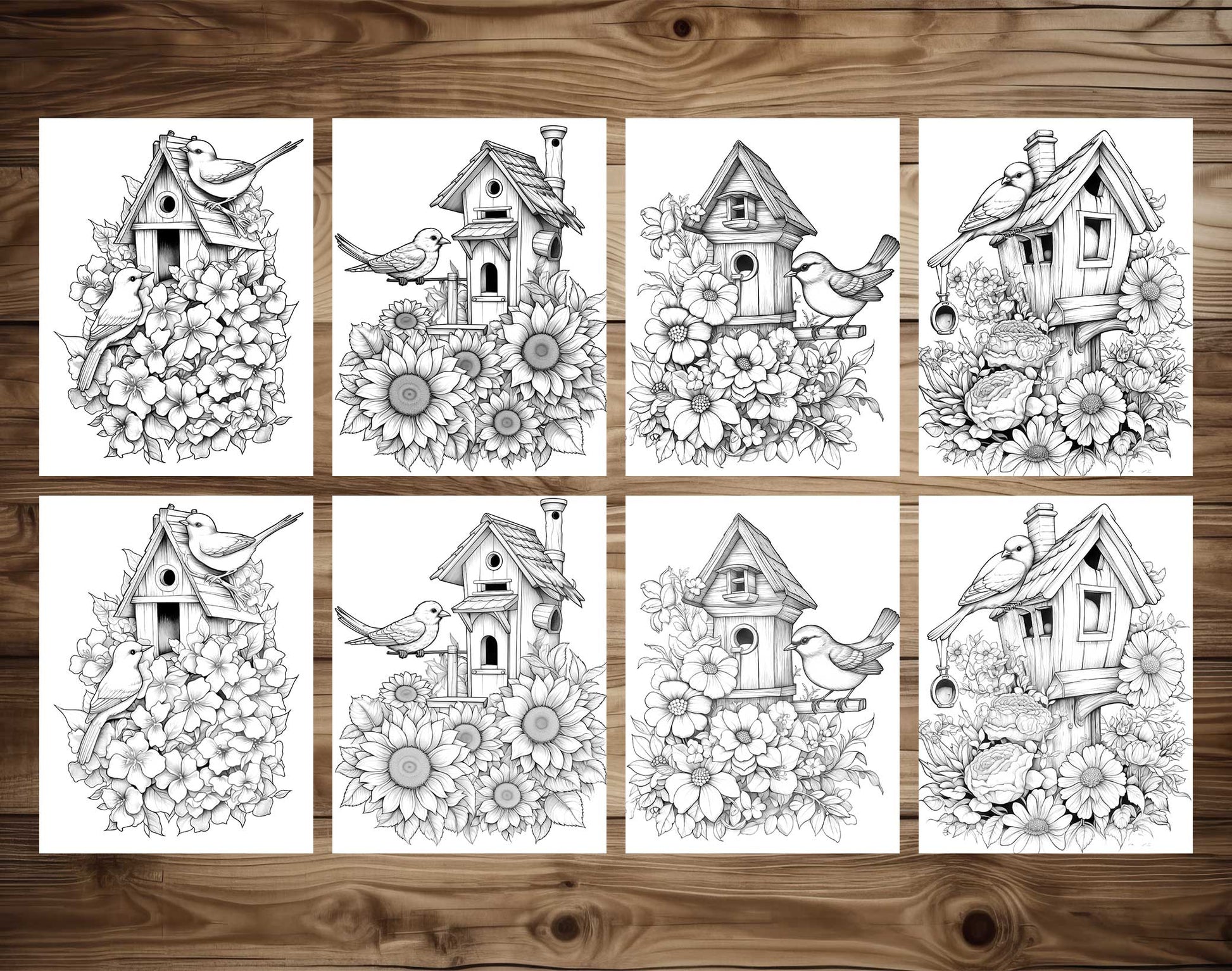 25 Floral Birdhouses Grayscale Coloring Pages - Instant Download - Printable PDF Dark/Light – preview 7