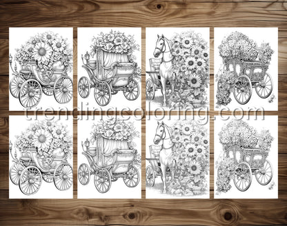 25 Floral Carriage Grayscale Coloring Pages - Instant Download, Dark/Light Illustration - Printable PDF – preview 3