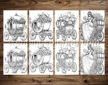 25 Floral Carriage Grayscale Coloring Pages - Instant Download, Dark/Light Illustration - Printable PDF – preview 4