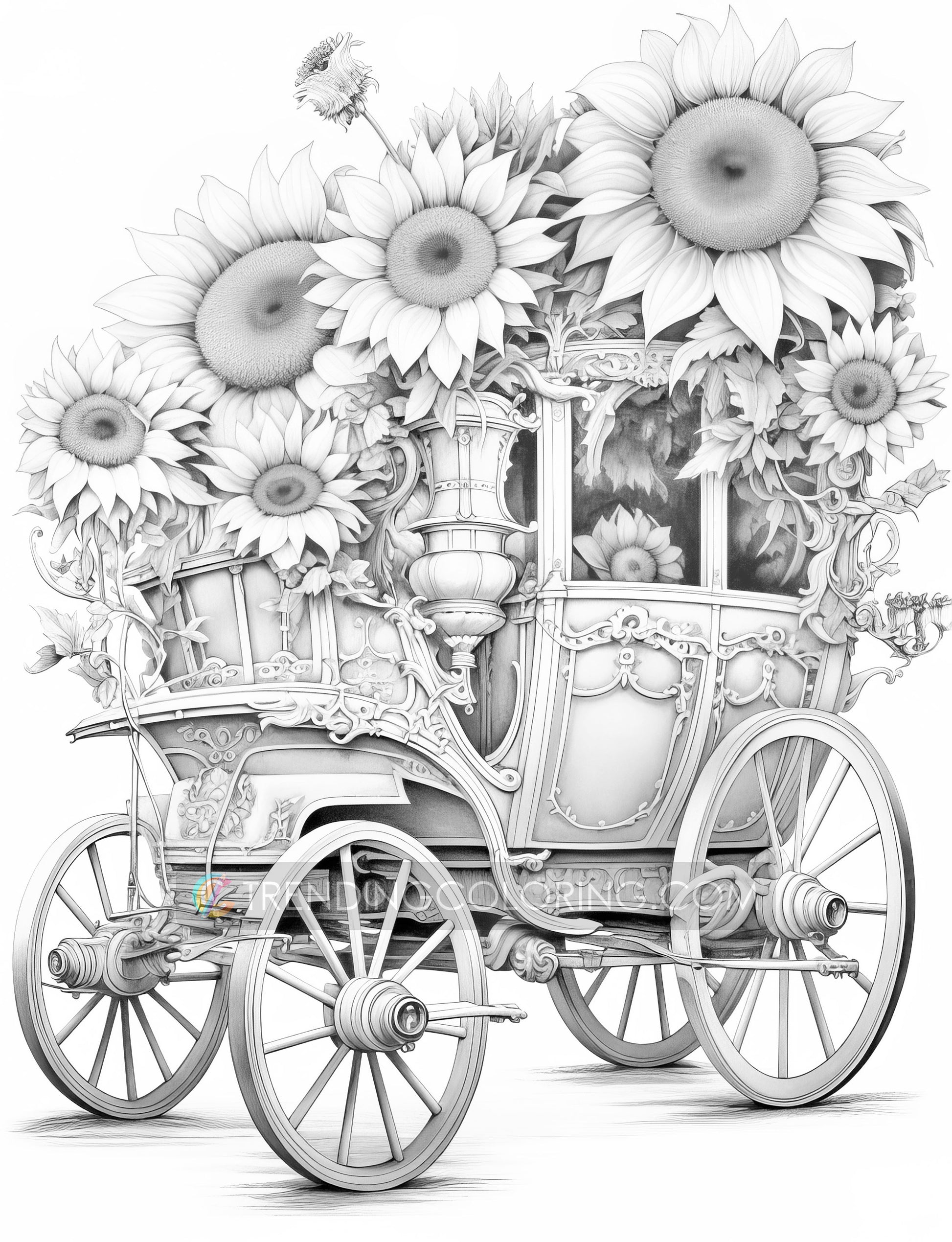 25 Floral Carriage Grayscale Coloring Pages - Instant Download, Dark/Light Illustration - Printable PDF – preview 9
