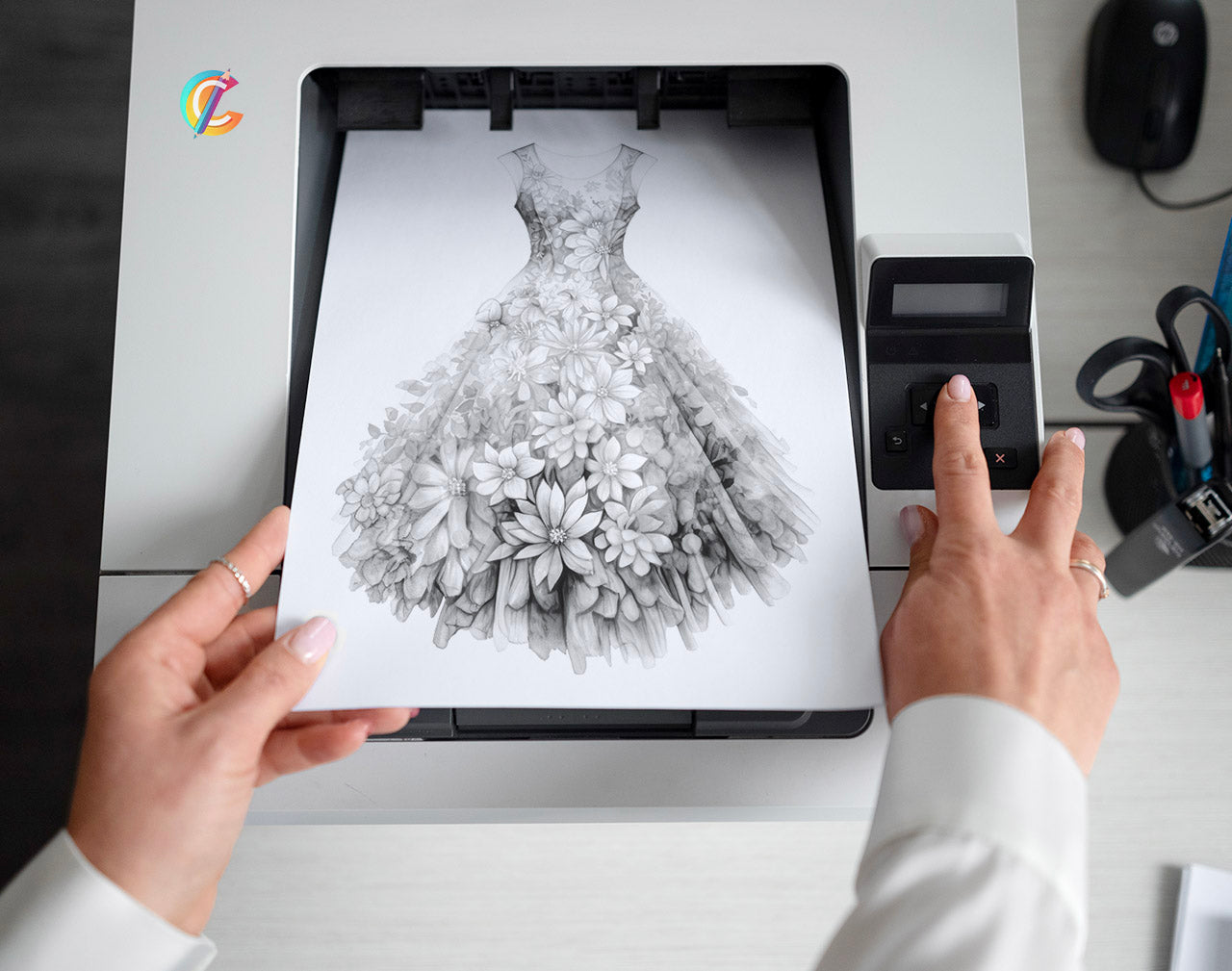 25 Floral Dress Grayscale Coloring Pages - Instant Download - Printable PDF Dark/Light – preview 2
