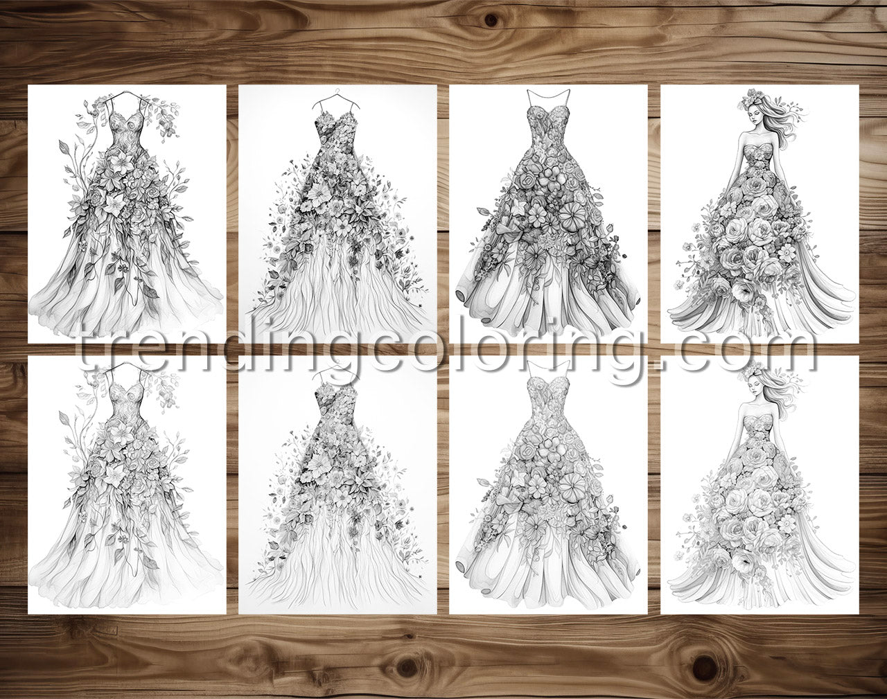 25 Floral Dress Grayscale Coloring Pages - Instant Download