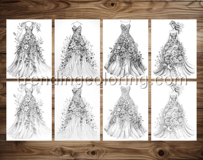 25 Floral Dress Grayscale Coloring Pages - Instant Download - Printable PDF Dark/Light – preview 3