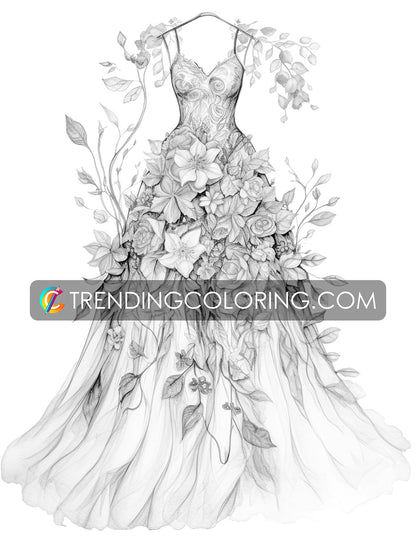 25 Floral Dress Grayscale Coloring Pages - Instant Download - Printable PDF Dark/Light – preview 5