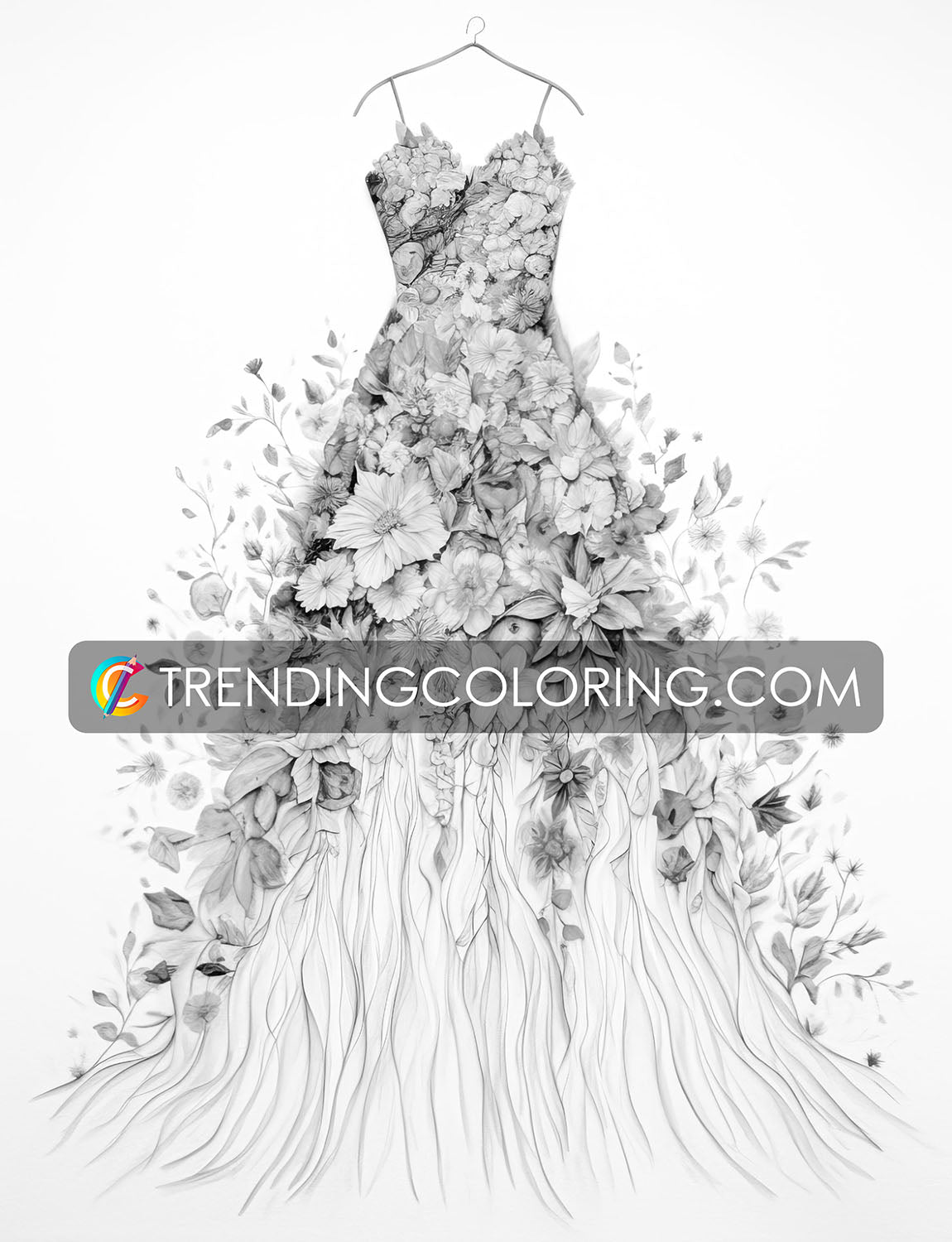 25 Floral Dress Grayscale Coloring Pages - Instant Download - Printable PDF Dark/Light – preview 6