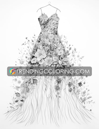 25 Floral Dress Grayscale Coloring Pages - Instant Download - Printable PDF Dark/Light – preview 6