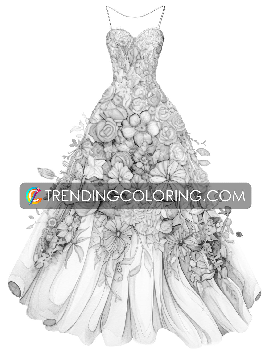 25 Floral Dress Grayscale Coloring Pages - Instant Download - Printable PDF Dark/Light – preview 7