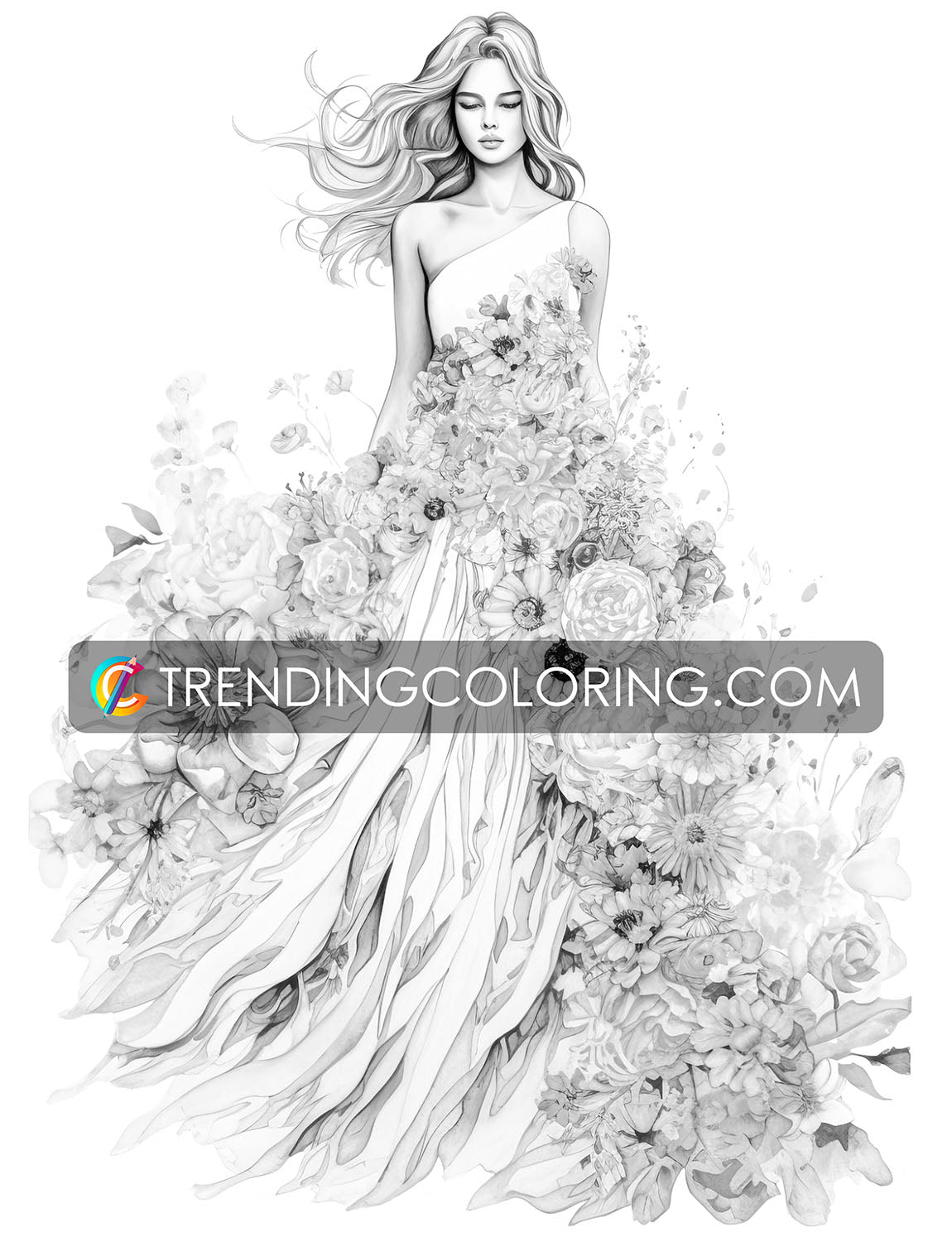 25 Floral Dress Grayscale Coloring Pages - Instant Download - Printable PDF Dark/Light – preview 9