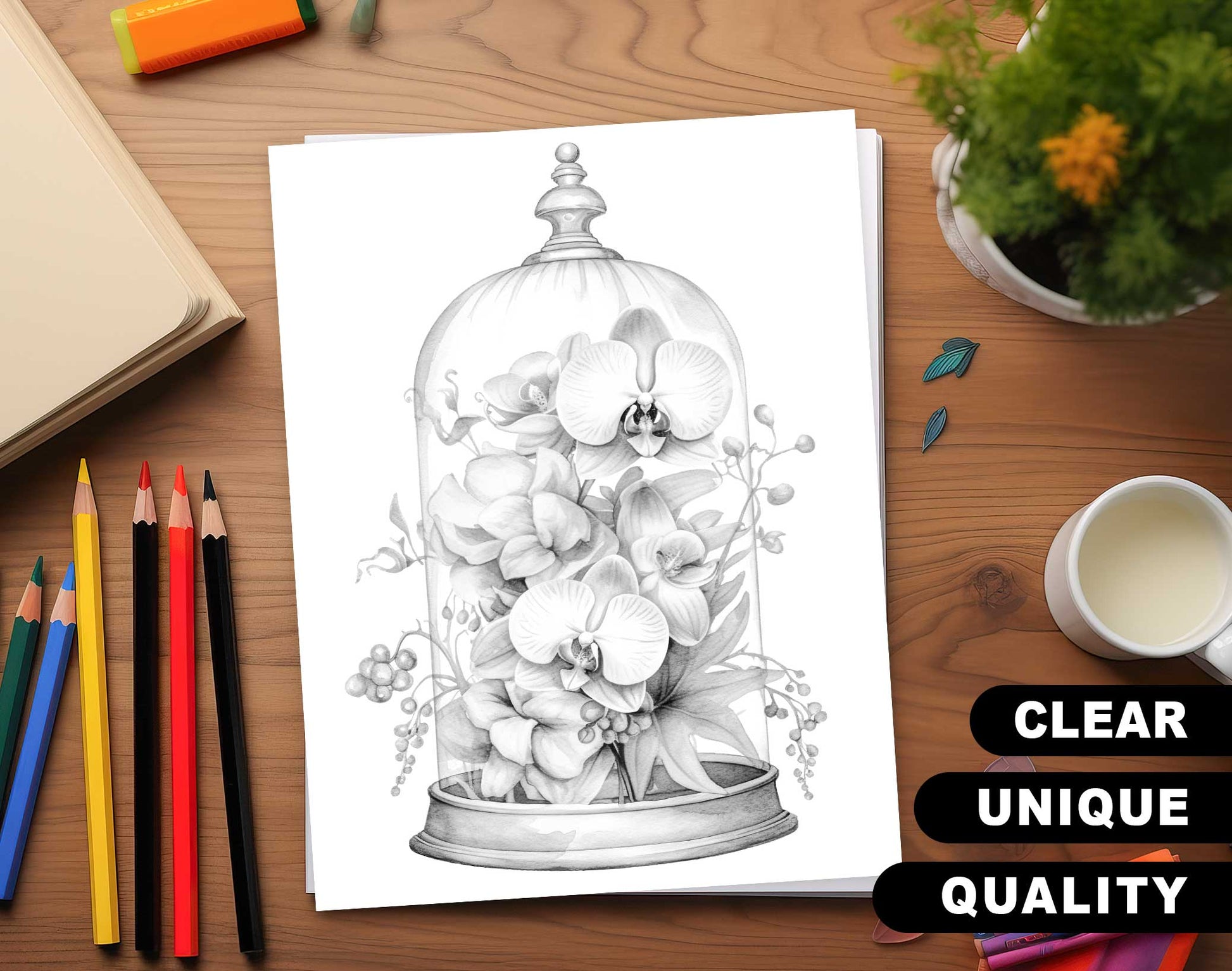25 Flower Glass Domes Grayscale Coloring Pages- Instant Download - Printable PDF Dark/Light – preview 3