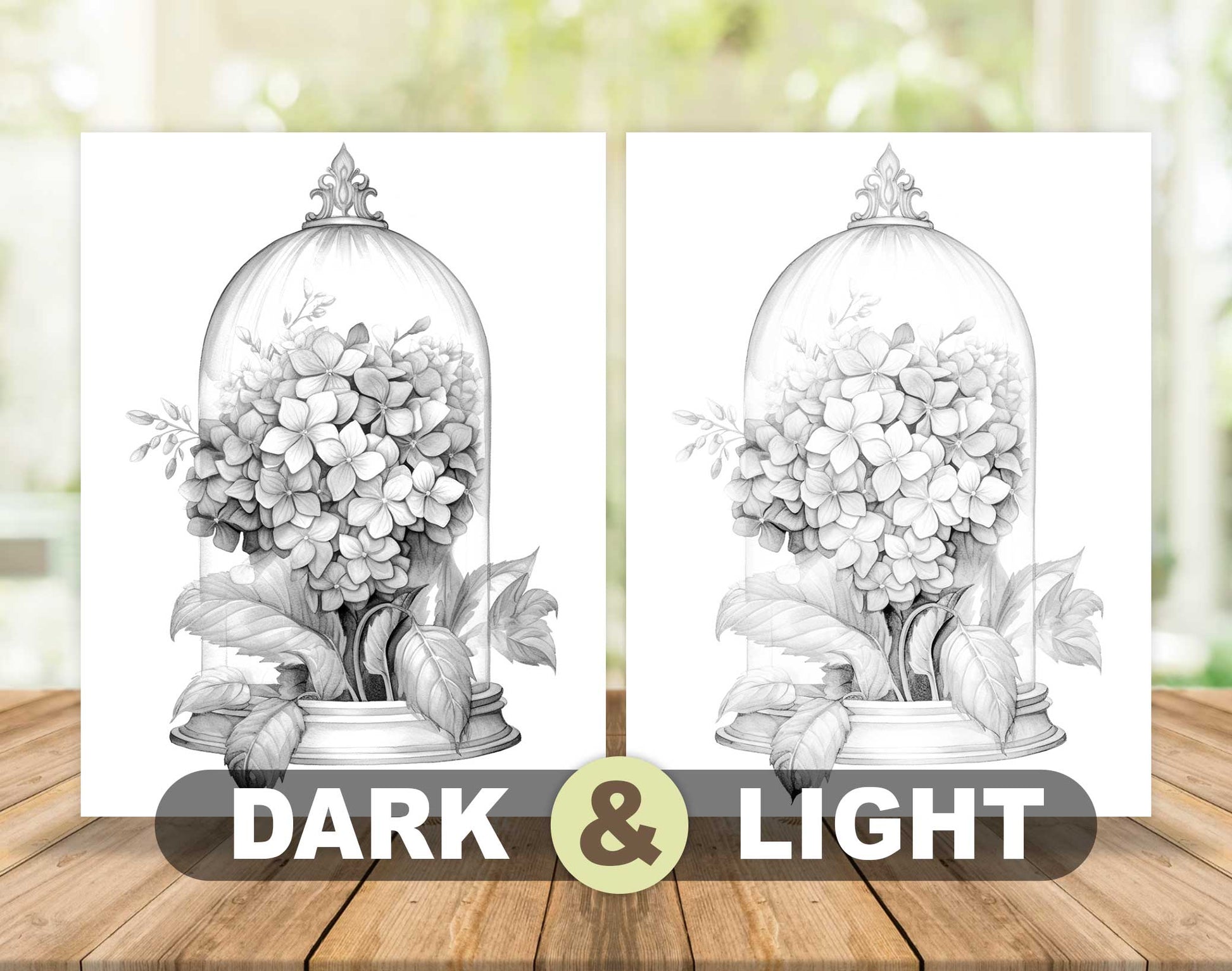 25 Flower Glass Domes Grayscale Coloring Pages- Instant Download - Printable PDF Dark/Light – preview 5