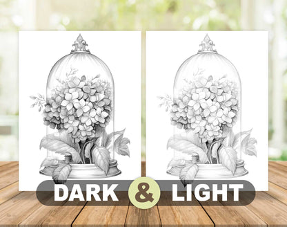 25 Flower Glass Domes Grayscale Coloring Pages- Instant Download - Printable PDF Dark/Light – preview 5