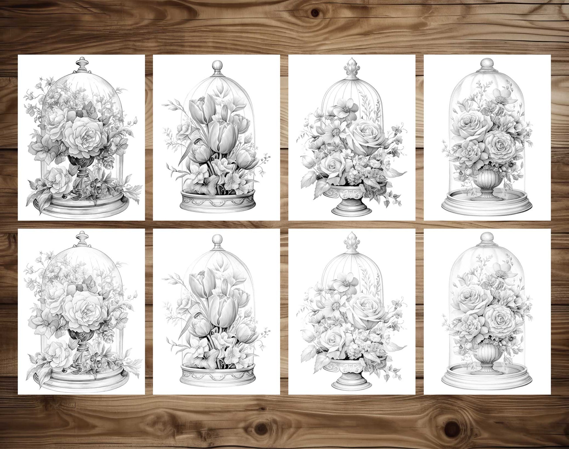 25 Flower Glass Domes Grayscale Coloring Pages- Instant Download - Printable PDF Dark/Light – preview 6
