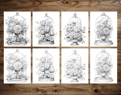 25 Flower Glass Domes Grayscale Coloring Pages- Instant Download - Printable PDF Dark/Light – preview 6