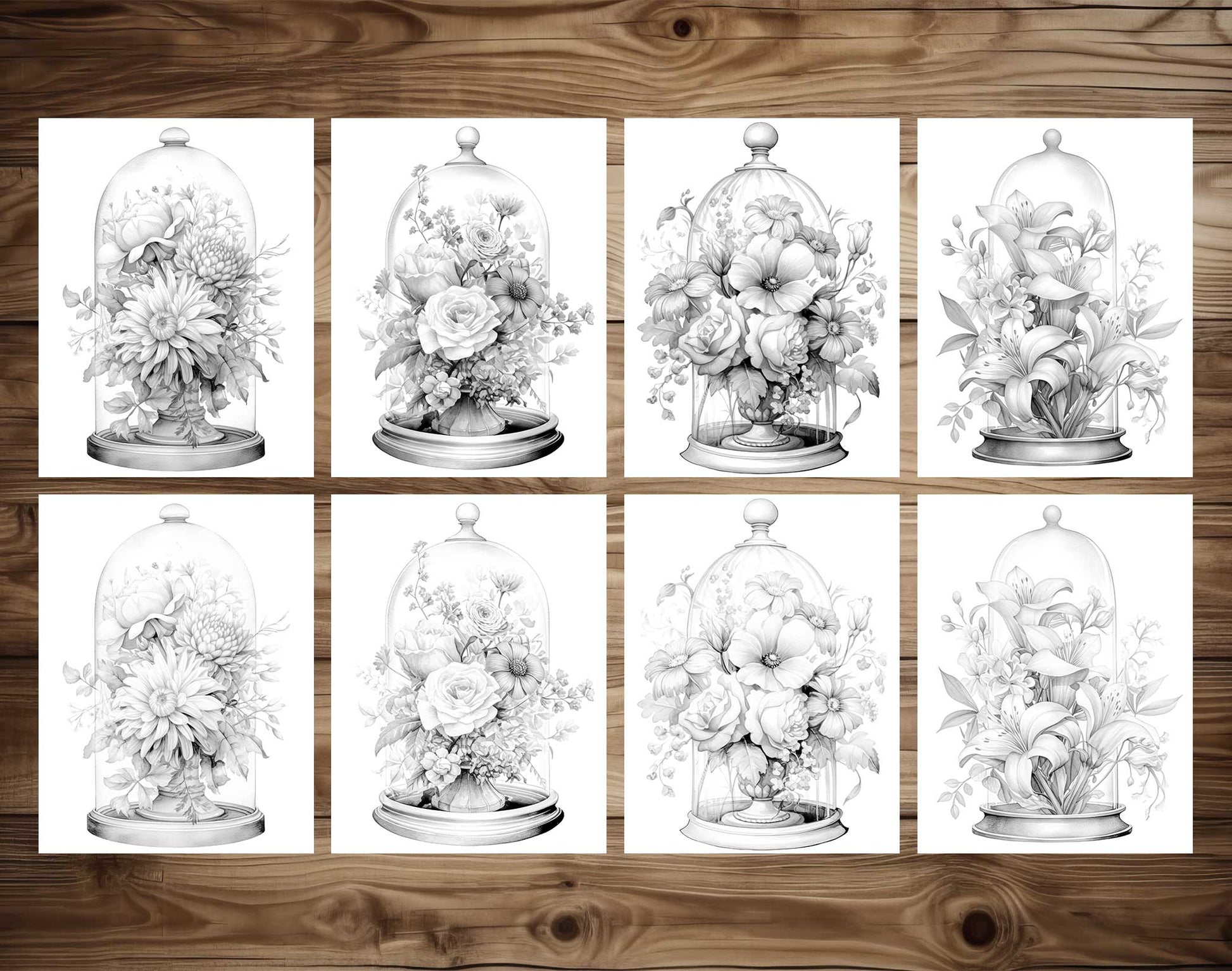 25 Flower Glass Domes Grayscale Coloring Pages- Instant Download - Printable PDF Dark/Light – preview 7