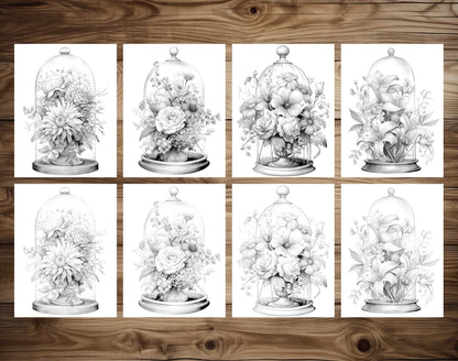 25 Flower Glass Domes Grayscale Coloring Pages- Instant Download - Printable PDF Dark/Light – preview 7