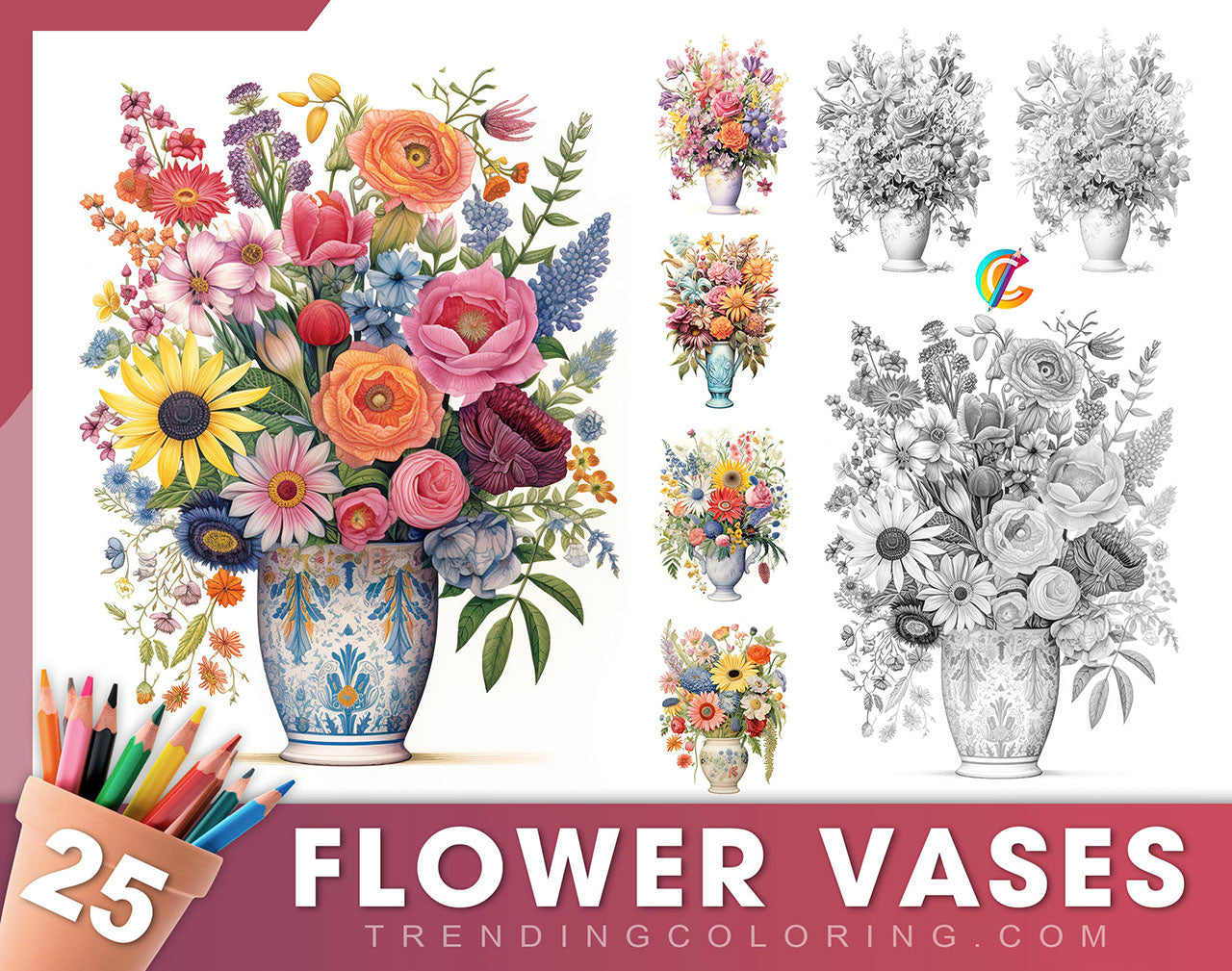 25 Flower Vases Grayscale Coloring Pages - Instant Download - Printable PDF Dark/Light
