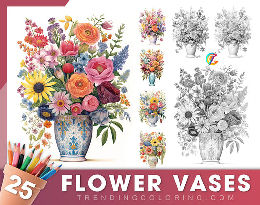 25 Flower Vases Grayscale Coloring Pages - Instant Download - Printable PDF Dark/Light