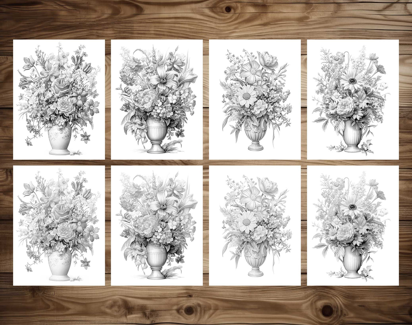 25 Flower Vases Grayscale Coloring Pages - Instant Download - Printable PDF Dark/Light – preview 3
