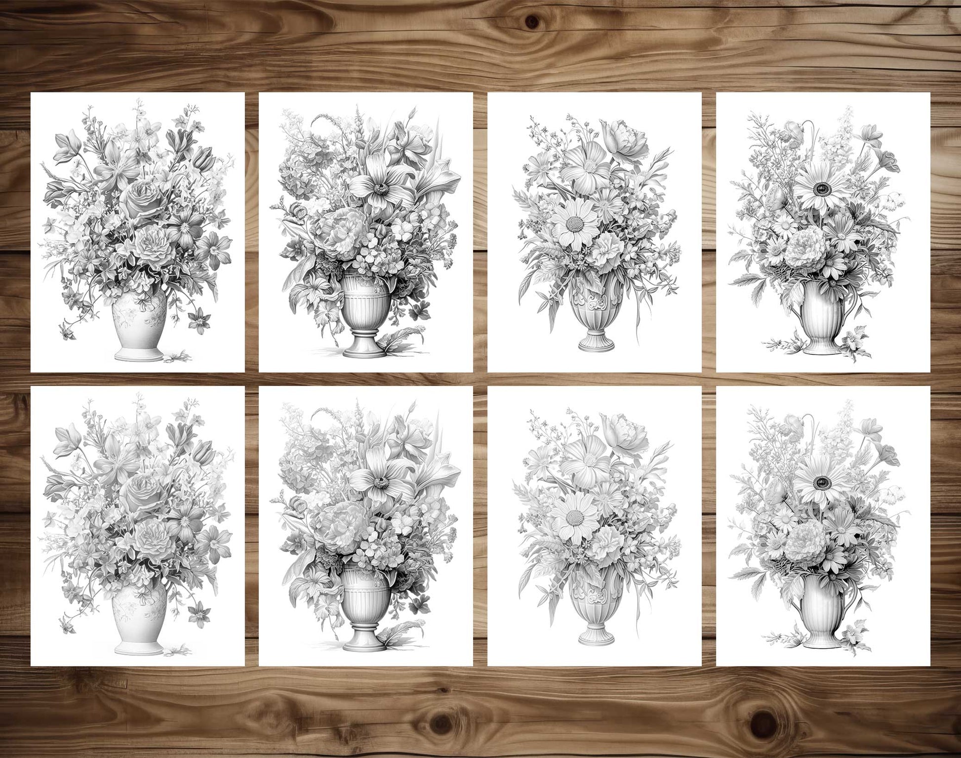 25 Flower Vases Grayscale Coloring Pages - Instant Download - Printable PDF Dark/Light – preview 3