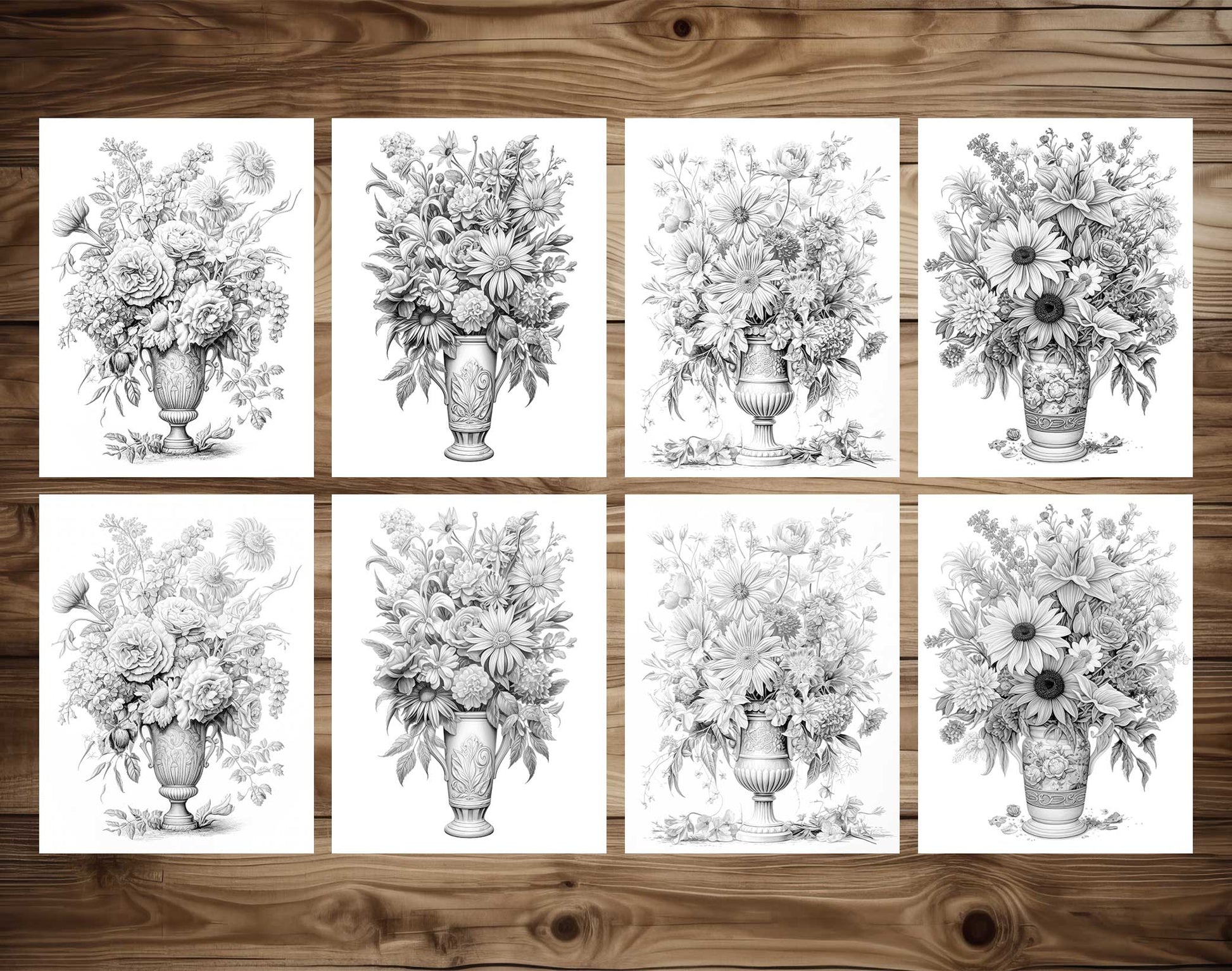 25 Flower Vases Grayscale Coloring Pages - Instant Download - Printable PDF Dark/Light – preview 4