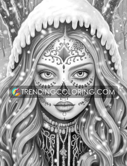 25 Gothic Glamour Girl Grayscale Coloring Pages - Instant Download - Printable PDF Dark/Light – preview 6