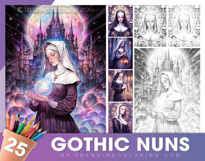 25 Gothic Nuns Grayscale Coloring Pages - Halloween Coloring - Instant Download - Printable PDF Dark/Light
