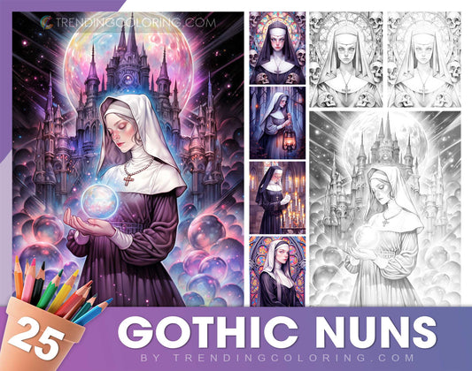 25 Gothic Nuns Grayscale Coloring Pages - Halloween Coloring - Instant Download - Printable PDF Dark/Light