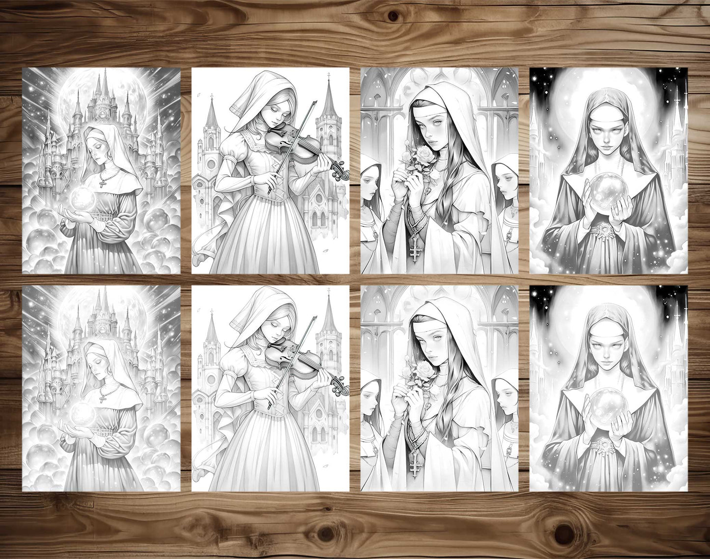 25 Gothic Nuns Grayscale Coloring Pages - Halloween Coloring - Instant Download - Printable PDF Dark/Light – preview 3