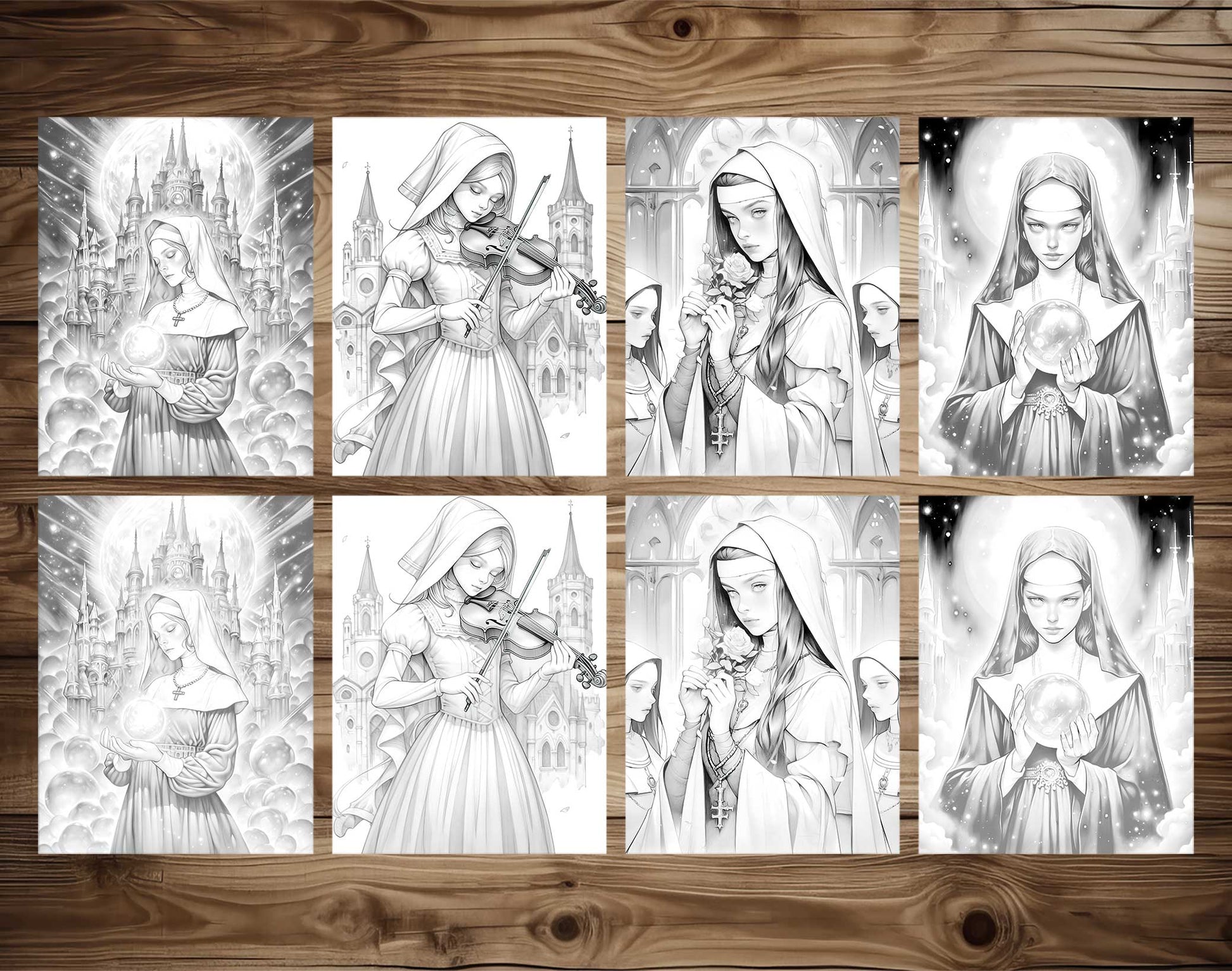 25 Gothic Nuns Grayscale Coloring Pages - Halloween Coloring - Instant Download - Printable PDF Dark/Light – preview 3